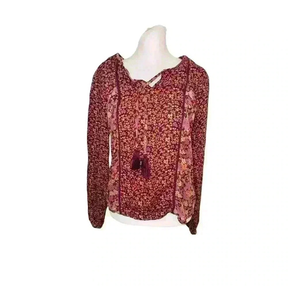 prAna Womens Floral Boho Peasant Tasseled Blouse Long Sleeve Top Pink Small - Picture 2 of 9